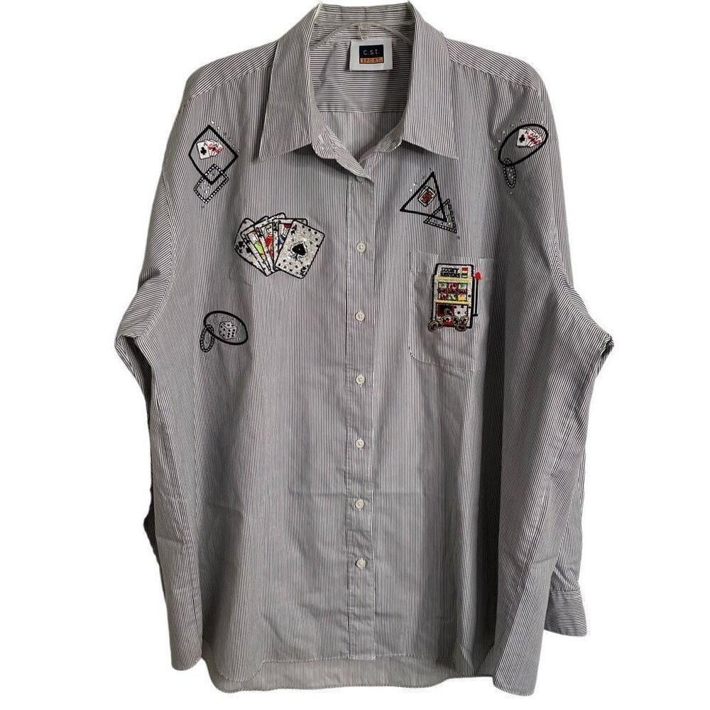 CST Sport Womens Oversized Button Up 1X Spades Bunco Casino Embroider Bejeweled